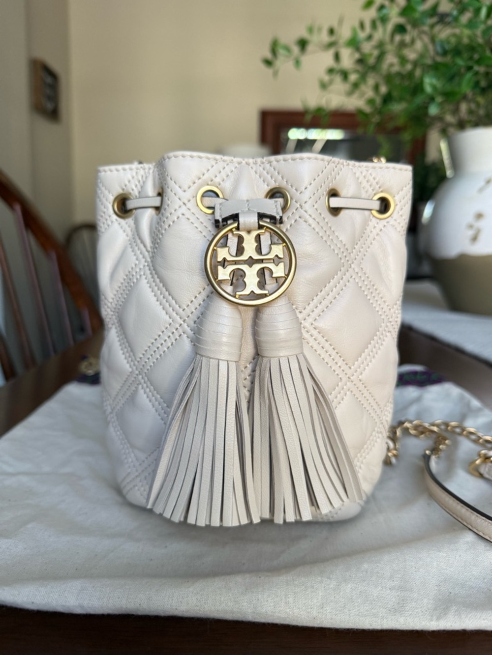 Tory Burch Fleming Cream Quilted Leather Tassel Mini Bucket Crossbody Bag